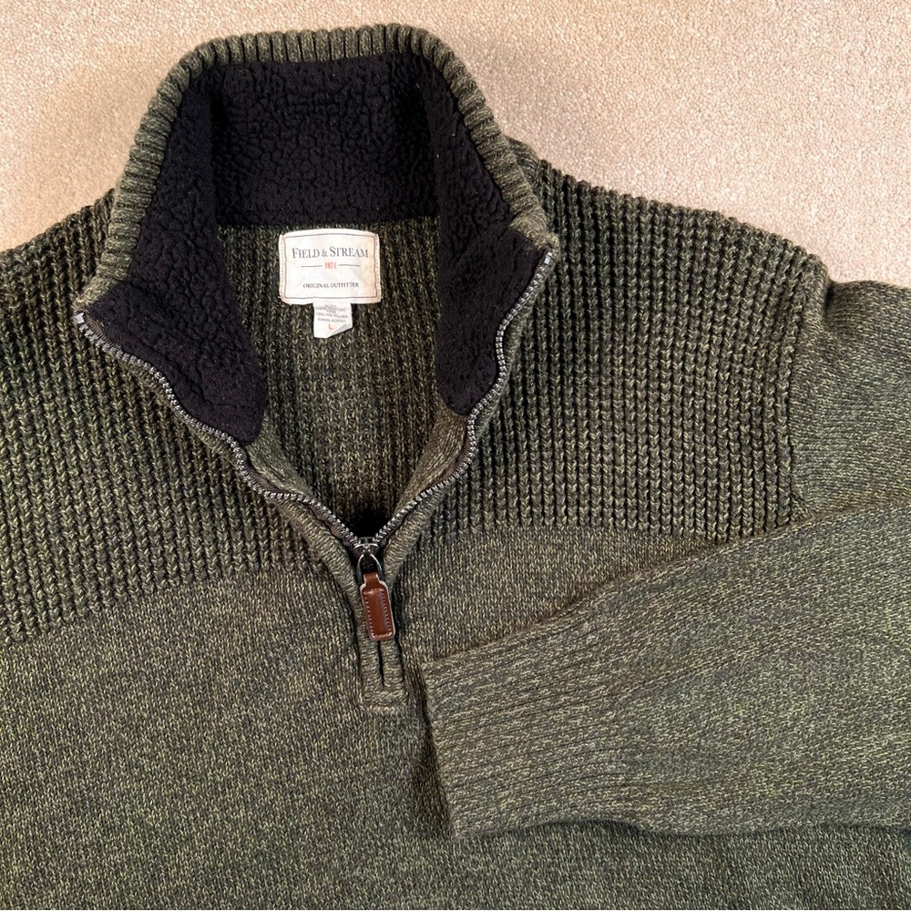 Field & Stream Sweater Quarter Zip Cotton Casual Olive Green Men's Large